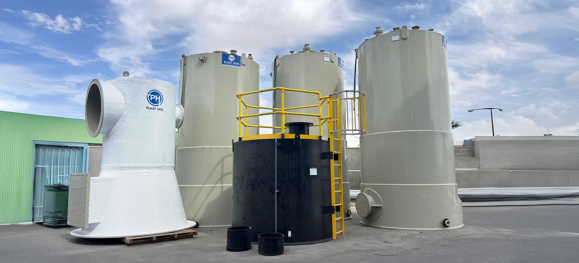 Thermoplastic plastic tanks at the front of the factory